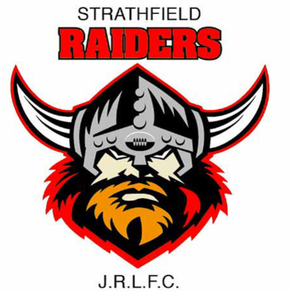 Balmain Junior league club the Strathfield Raiders, featuring a Viking with a helmet and beard, in black, white, red, and yellow colors, with the team initials J.R.L.F.C.