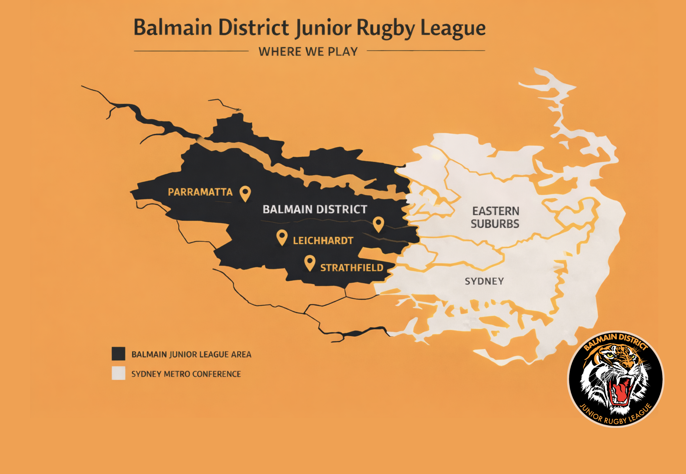 Map showing the Balmain District Junior Rugby League area in black, with locations of Parramatta, Leichhardt, Strathfield, and Balmain District marked with pins. The surrounding Sydney Metropolitan Conference is in white, including areas like Eastern Suburbs and Sydney. The league's logo with a tiger's head is in the bottom right corner.