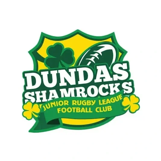 Logo for Dunda's Shamrocks Junior Rugby League Football Club, featuring a green shamrock and a rugby ball surrounded by yellow and green colors.