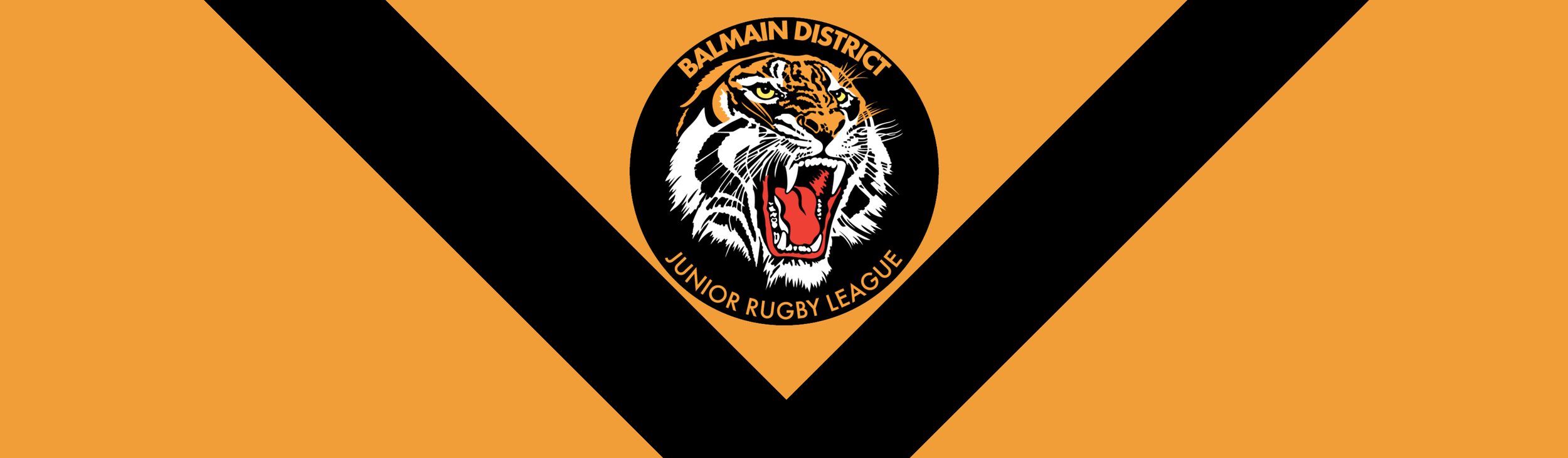 Logo of Balmain District Junior Rugby League featuring a fierce tiger head in black, white, orange, and red, with black and orange background.