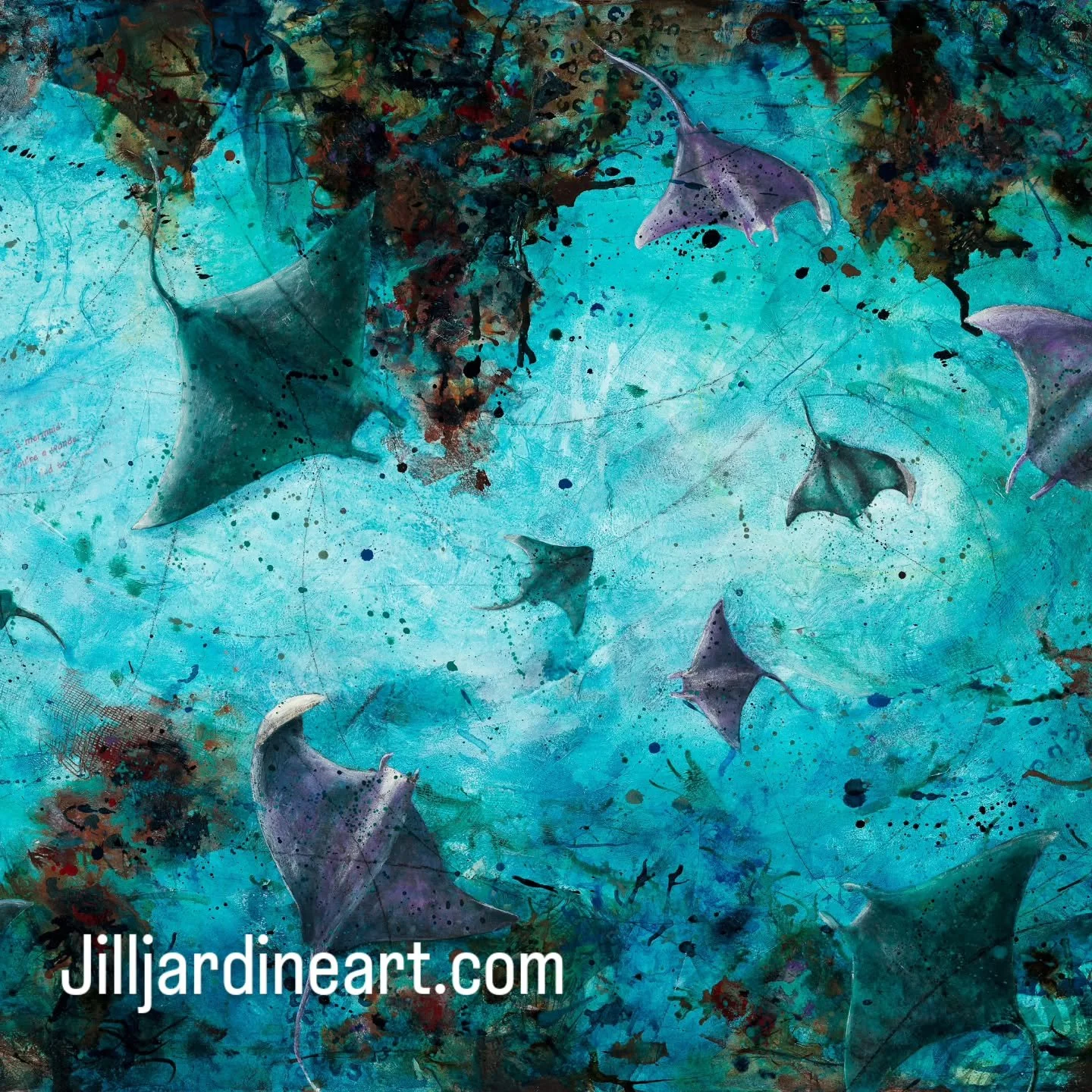 A few crops of Blue Immersion, recently  photographed by @veracityartreproduction. What a stunning result! 

Mixed media, 1200 &times; 600 mm.
Elegant manta rays drift and dance through radiant blue, weaving between coloured rock forms as light filte