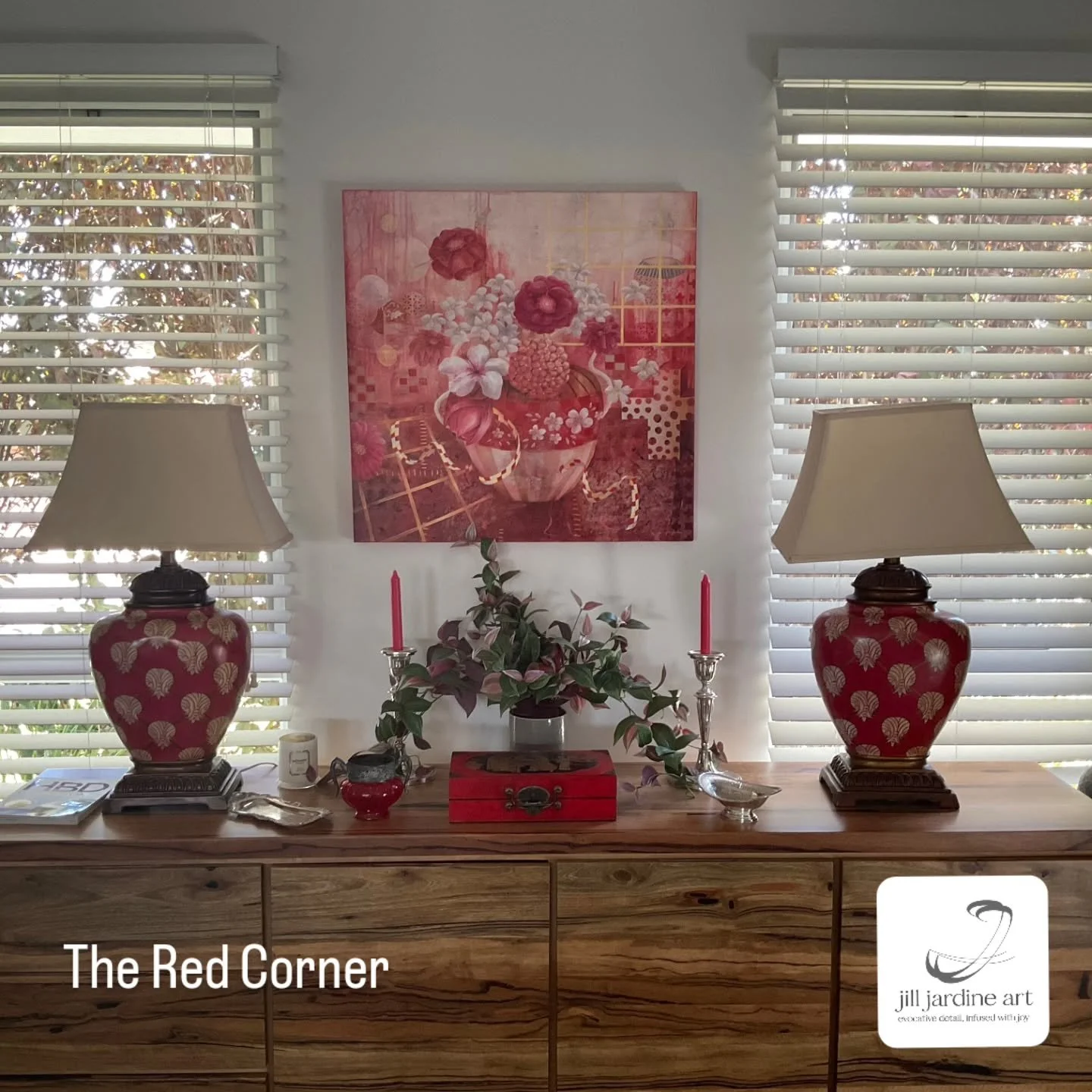 'The Red Room' has found a lovely new home and looks right at place in its new &ldquo;Red Corner.&rdquo;
This piece was a slow burner. It began years ago as an acrylic background that sat waiting for the right subject. Eventually it evolved into an i