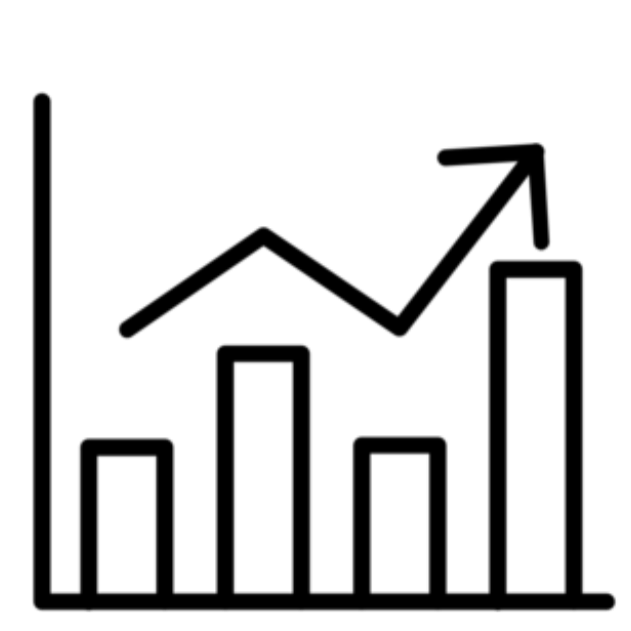 A black and white line graph showing an upward trend with a bar chart and arrow indicating growth.
