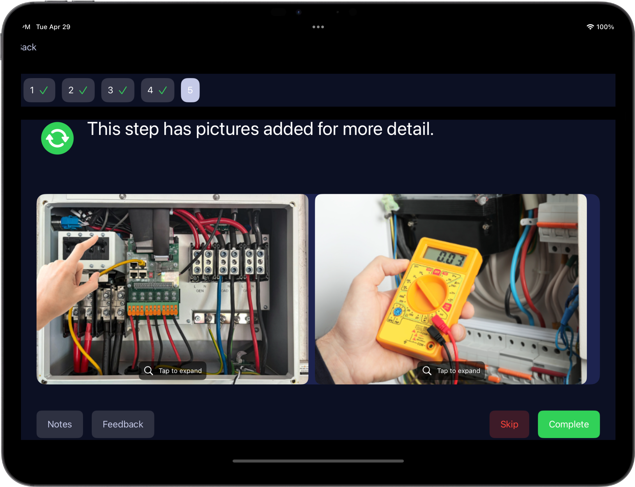 Two images of an electrical control panel, one showing the interior with wiring and components, and the other showing a hand holding a multimeter testing the panel.
