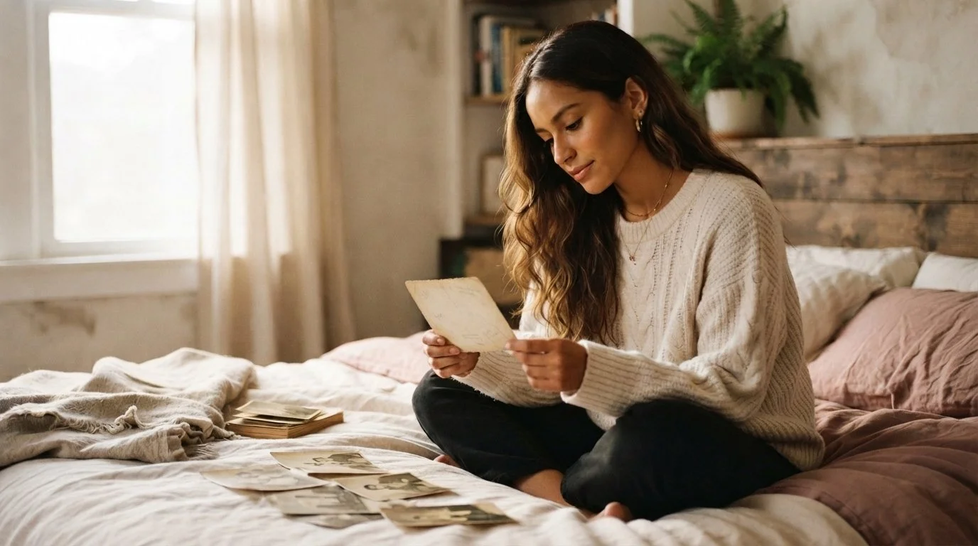A woman on a bed looking at old photos. She is working on healing her trauma with Narcissistic Abuse Therapy in Coeur d'Alene Idaho. She found a trauma therapist in Post Falls Idaho.