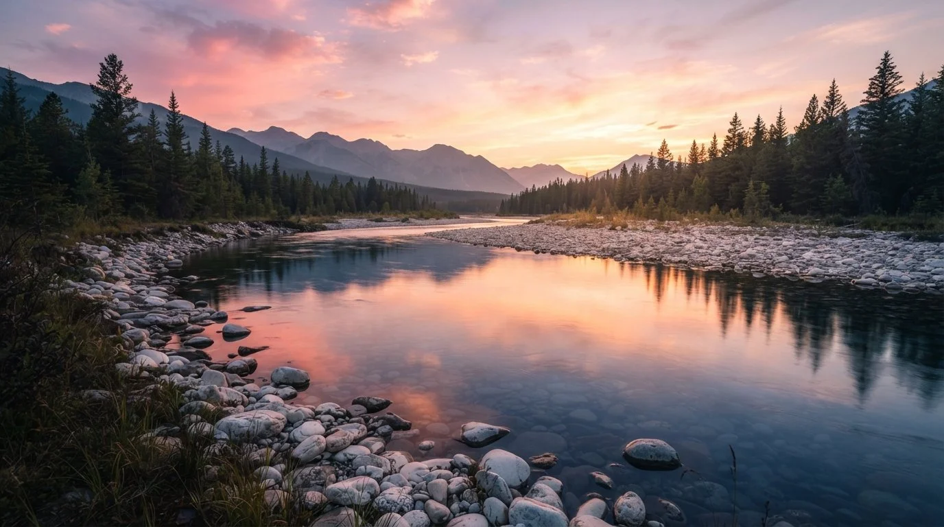 A picture of a mountain river at sunset. Mountain River Therapy provides narcissistic abuse therapy to women in Post Falls Idaho. Mountain River Therapy uses Brainspotting therapy to help women process trauma in Coeur d'Alene Idaho.