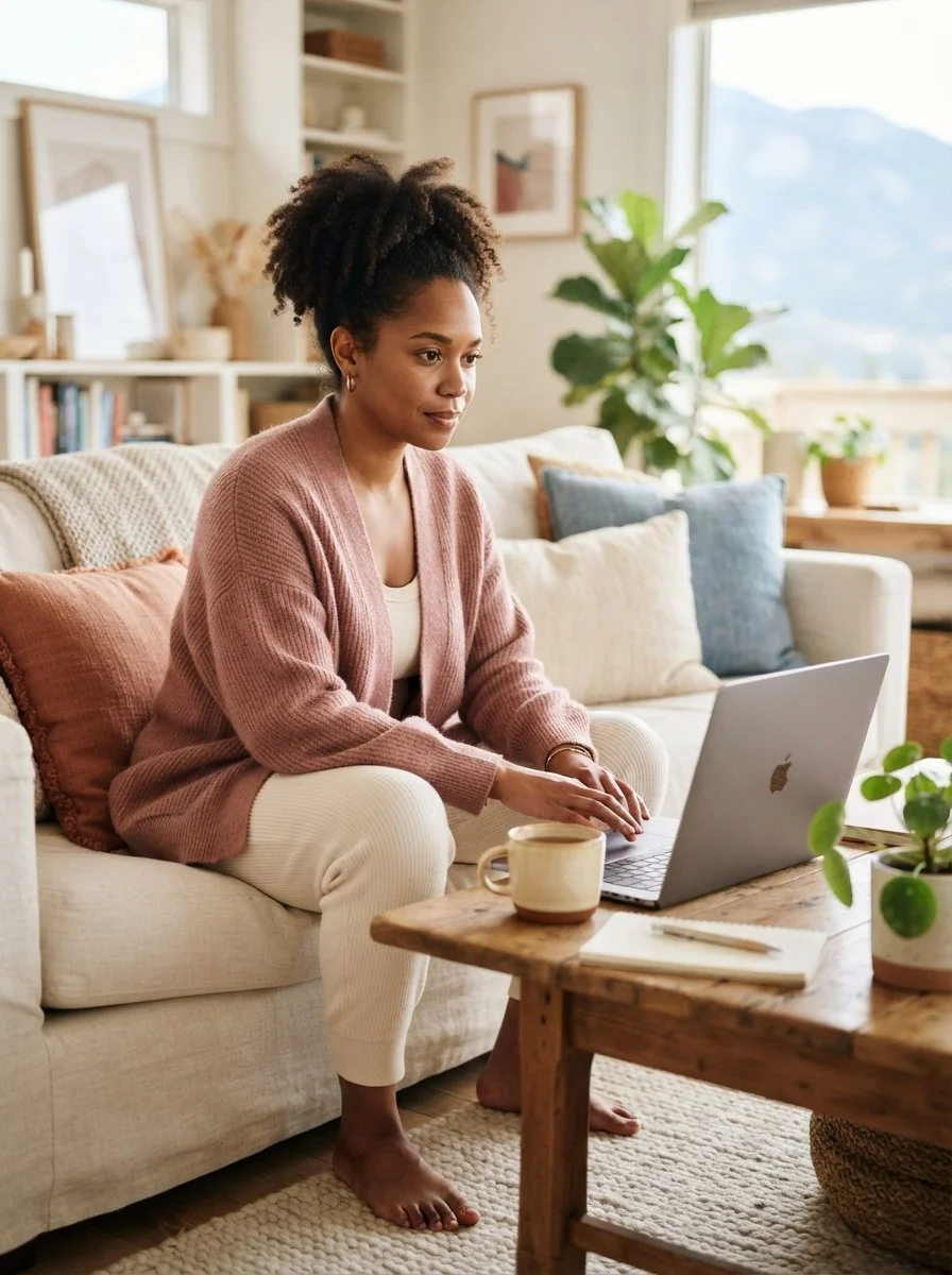 A woman sitting on the couch looking at a computer screen. This woman is seeking online therapy in Idaho. She is engaging in Brainspotting Therapy to heal her trauma in Sandpoint Idaho.