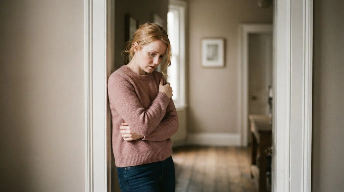A woman standing in the hallway looking down. She is working with a brainspotting therapist in Sandpoint Idaho. She is healing her trauma with Narcissistic Abuse Therapy in Post Falls Idaho.