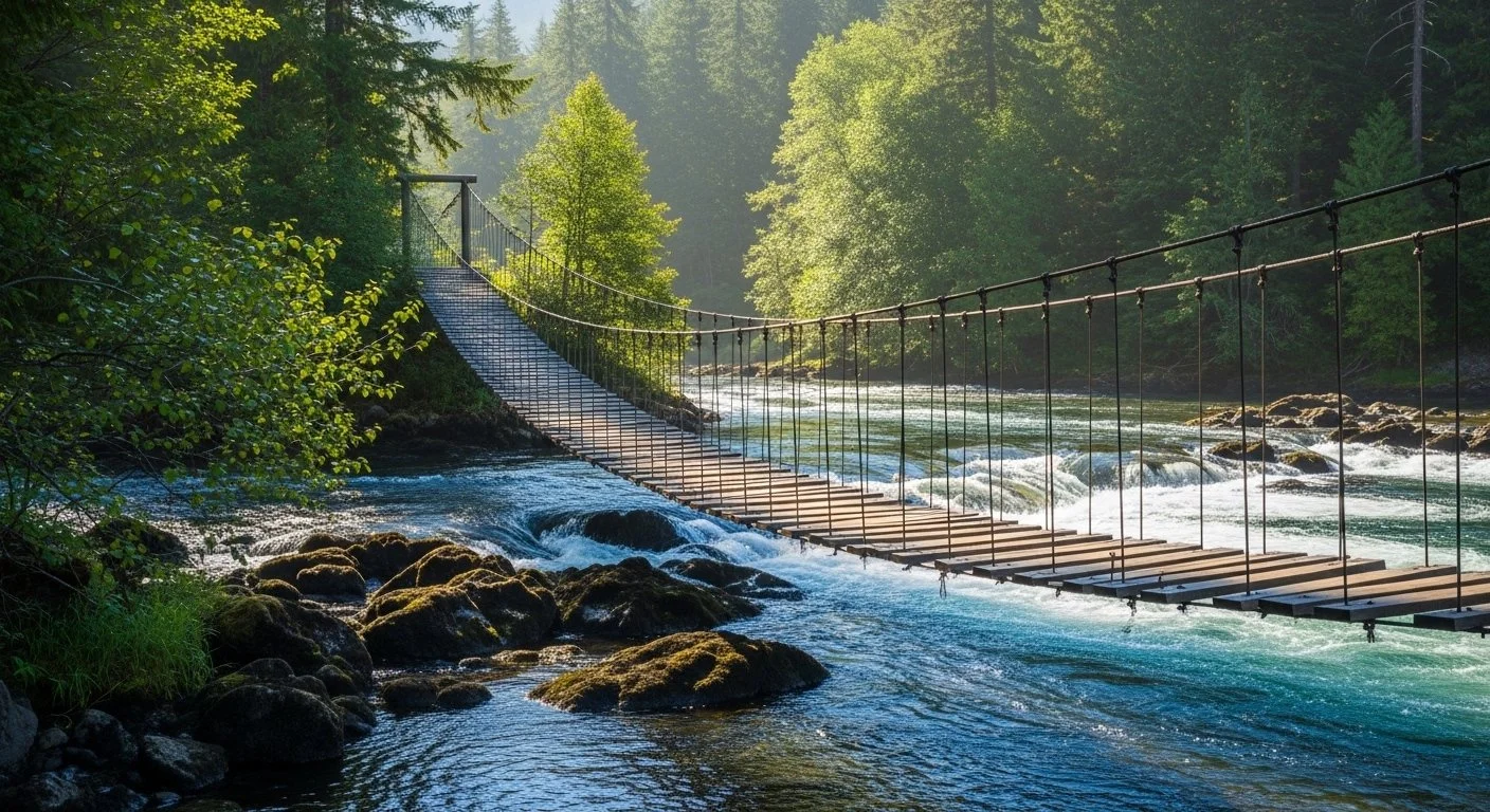 A wooden bridge over a flowing river. Mountain River Therapy offers EMDR therapy in Post Falls Idaho. Mountain River Therapy also offers in person counseling in Sandpoint Idaho.