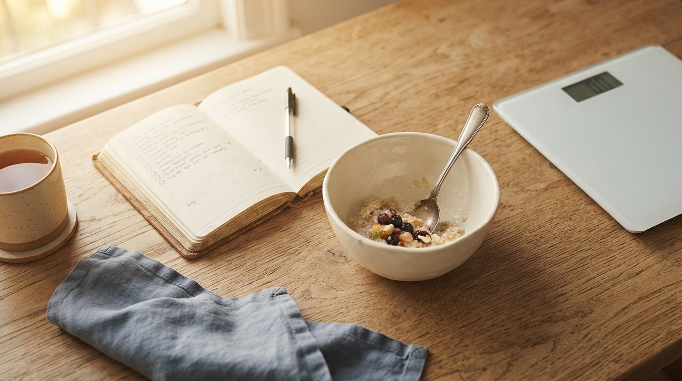 A picture of a cereal bowl, journal, cup of tea, and scale on a table. Jarae Swanstrom, LCPC specializes in Emotional Eating Therapy in Sandpoint Idaho. She helps women heal trauma with Brainspotting Therapy in Post Falls Idaho.