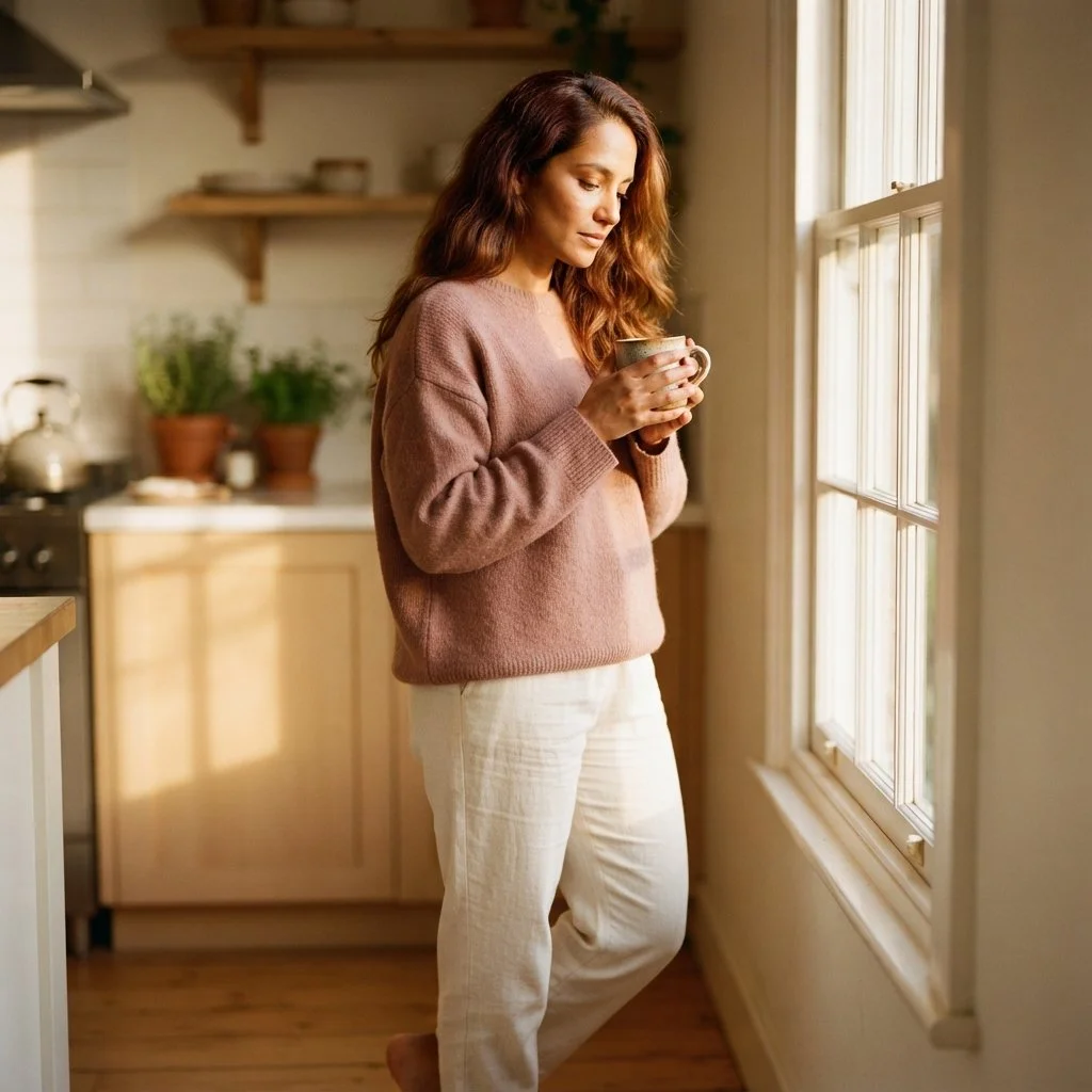 A woman holding a mug in a kitchen. She is looking for emotional eating therapy in Coeur d'Alene Idaho. She wants to heal her trauma with Brainspotting therapy in Sandpoint Idaho.