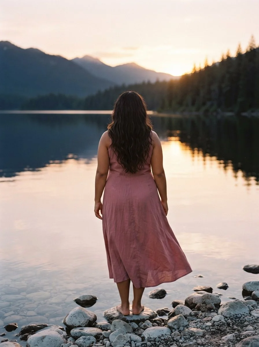 A woman standing at the edge of the lake. The woman went to Mountain River Therapy for Trauma Therapy in Sandpoint Idaho. She engaged in EMDR therapy in Coeur d'Alene Idaho.