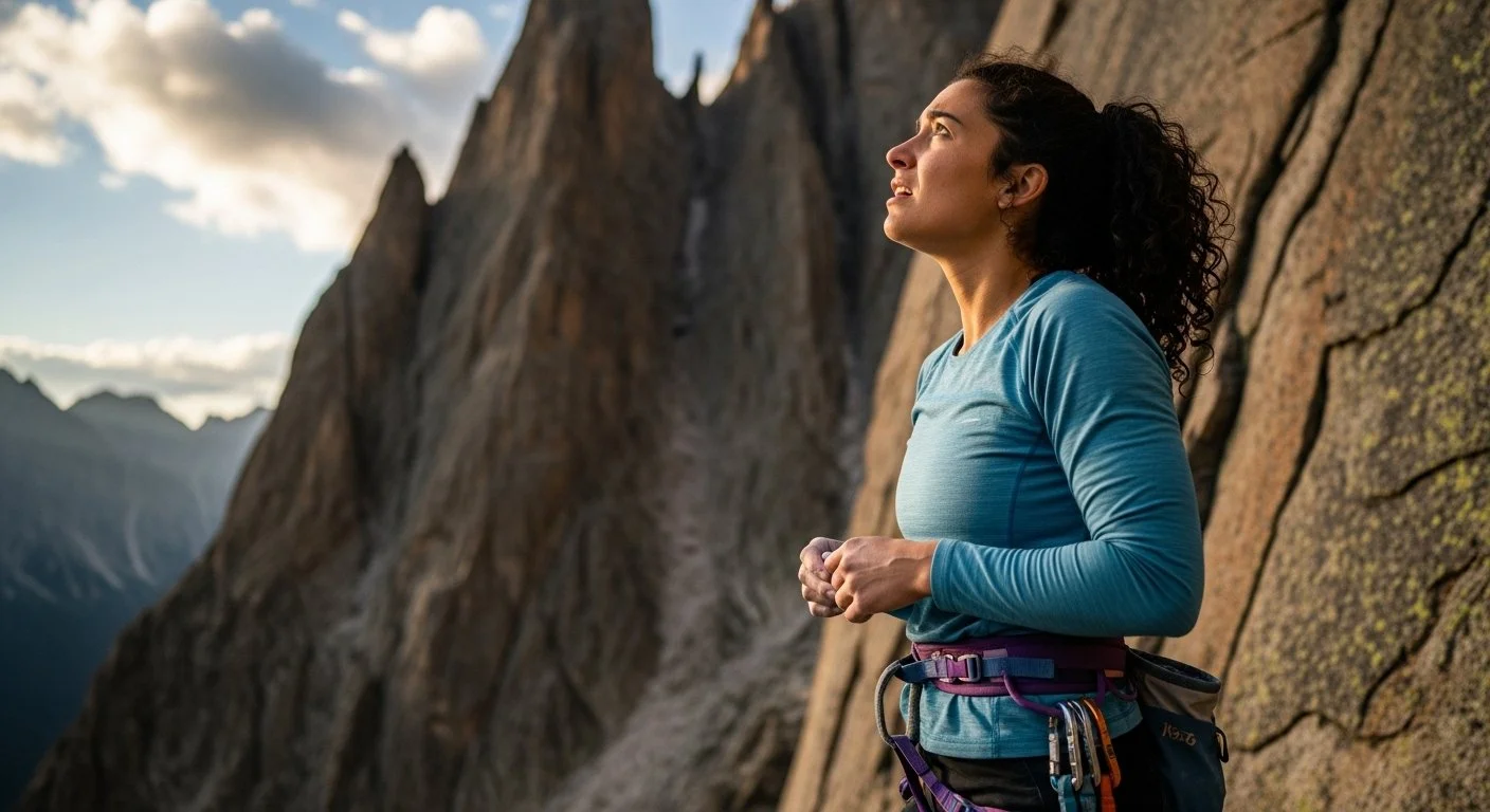A woman staring up a mountain range she is going to rock climb looking overwhelmed. This woman is a perfectionist and wants to engage in trauma therapy in Sandpoint Idaho. This woman is ready to heal using brainspotting therapy in CDA Idaho.