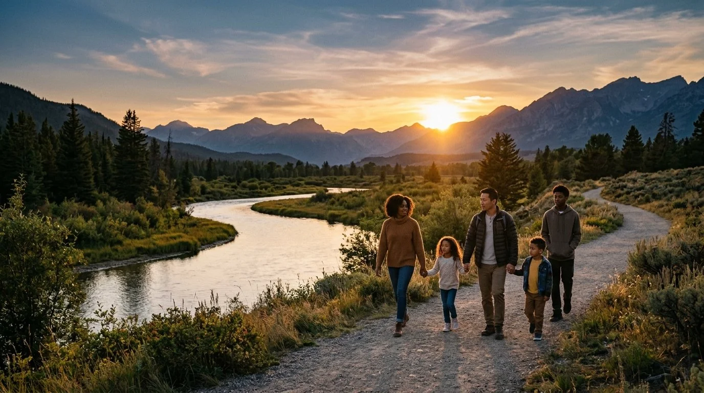 A family walking at sunset on a path near a river. The mom went to trauma therapy and did Brainspotting Therapy in CDA Idaho. The women looking for counseling in Sandpoint for Brainspotting Therapy.