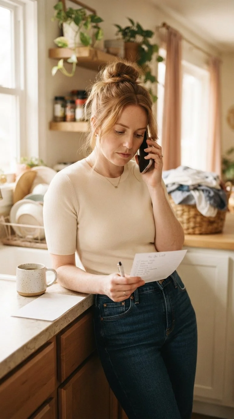 A woman in her kitchen, on the phone looking at a list. This woman is looking for trauma therapy in Coeur d'Alene Idaho. She is wanting to heal her trauma with Brainspotting therapy in Sandpoint idaho.