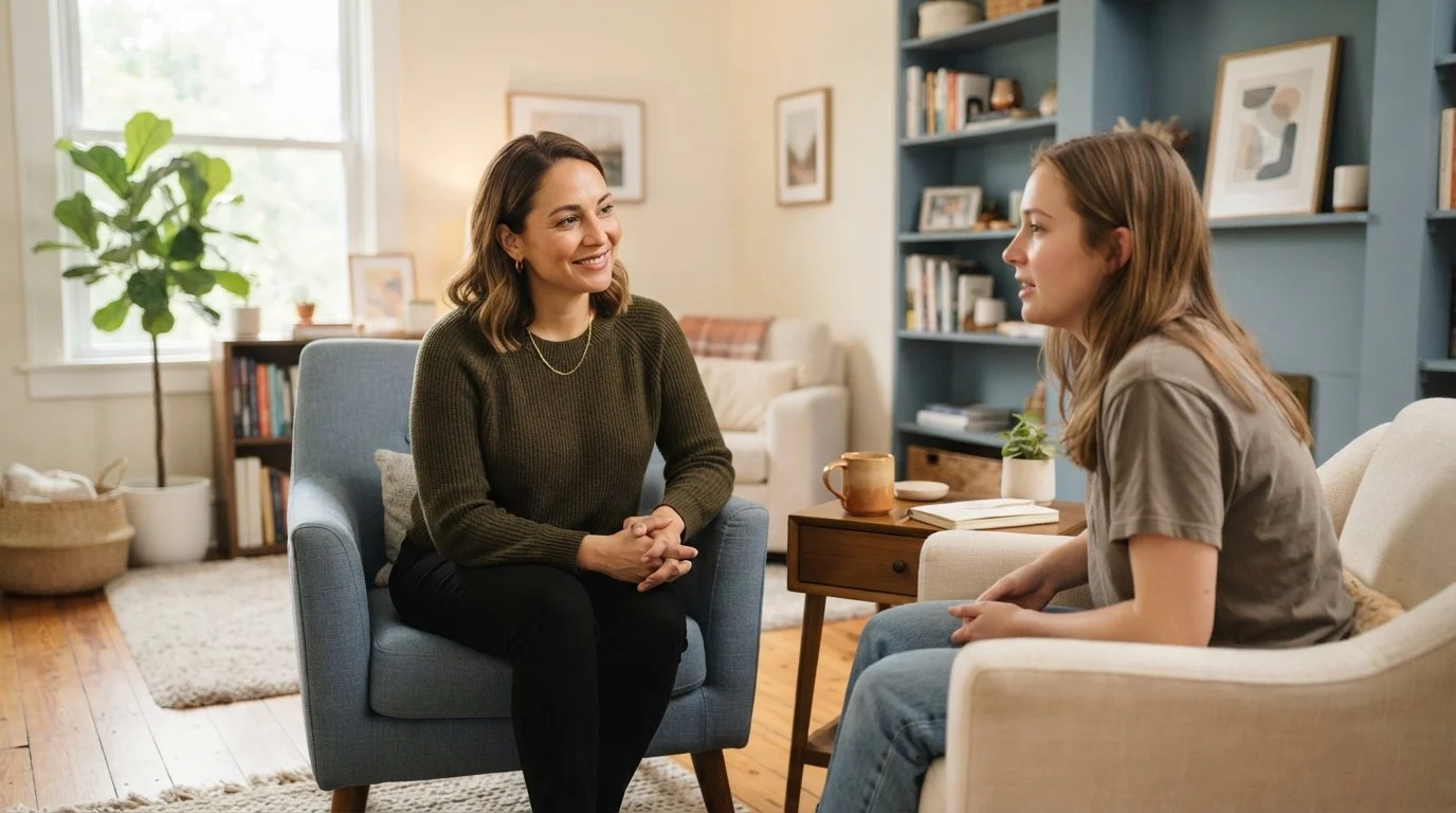 Two women in a therapy office. Mountain River Therapy offfers anxiety therapy in Coeur d'Alene Idaho. Jarae Swanstrom, LCPC specializes in Brainspotting therapy in Sandpoint Idaho.