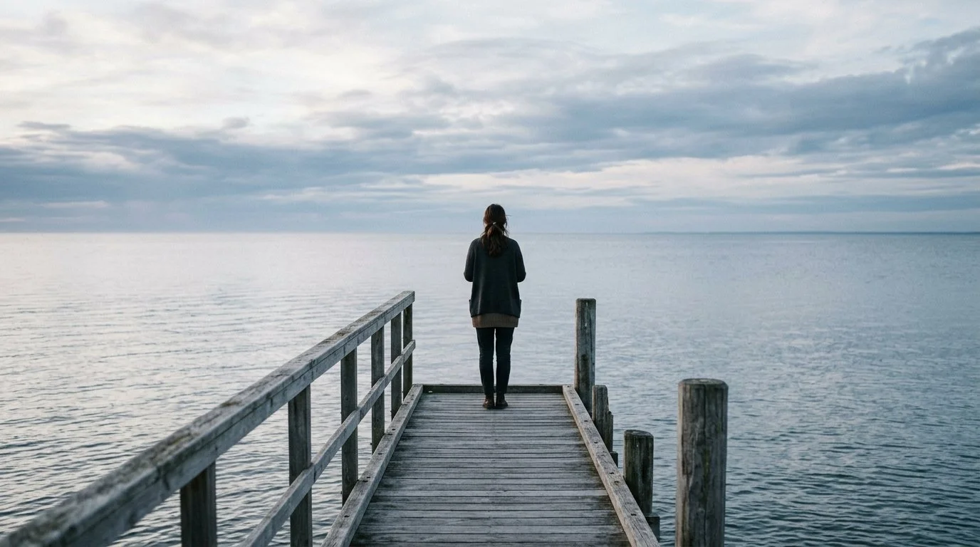 A woman on a pier looking off into the water. This woman is working on healing her emotional eating with EMDR therapy in Post Falls Idaho. This woman is working with a trauma therapist who specializes in emotional eating in Sandpoint Idaho.
