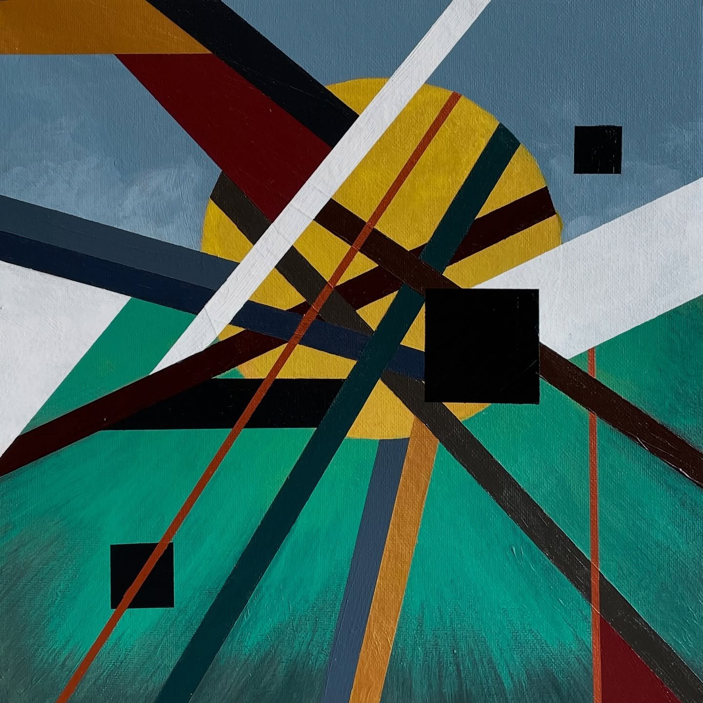 The long arms of industry and cold, steeled technology do their utmost to hold back the sun. We seem to work so hard to stop it from shining.

Science
2022
acrylic on canvas
12 x 12 inches

#science #technology #sunlight #abstract #smallart