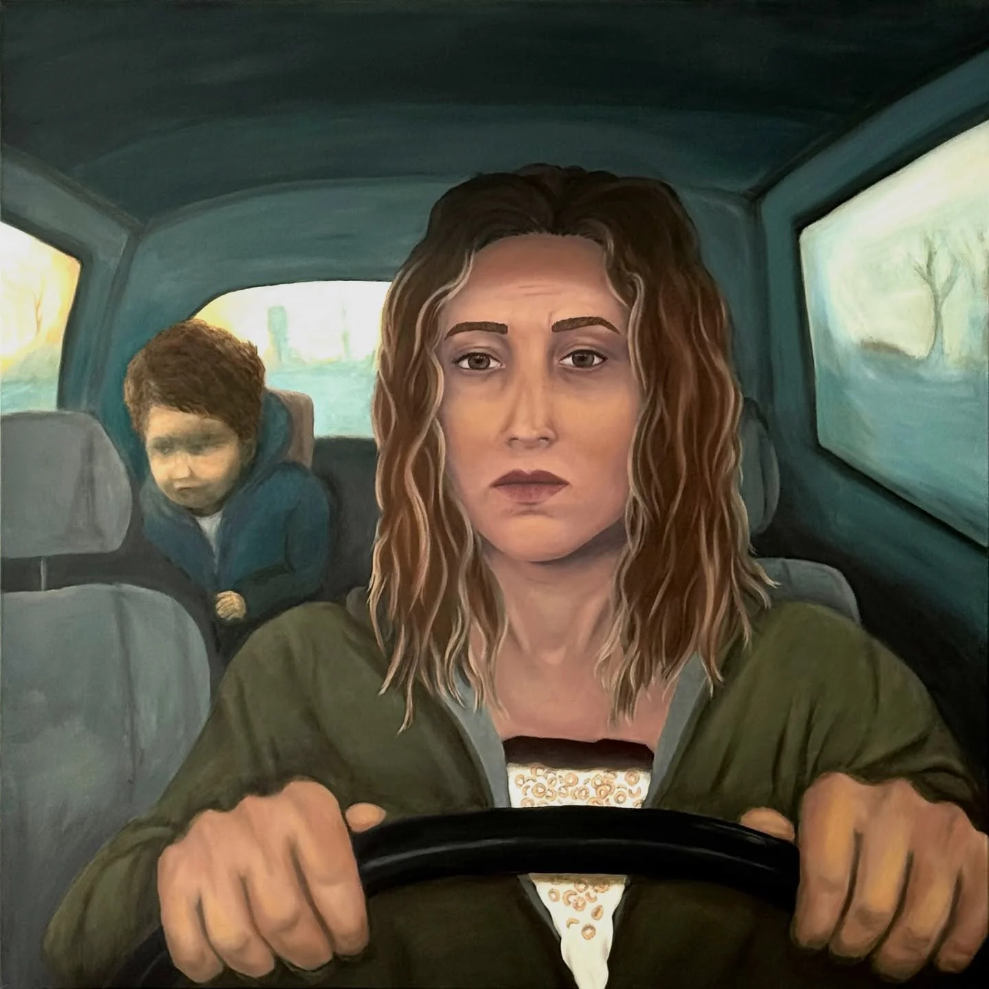 &ldquo;Somebody&rsquo;s mom&rdquo;
Oil on canvas
2025
30 x 30 inches

The second piece in my ongoing series, I Am Not For Your Consumption.

This work speaks to the loneliness and loss of identity women can feel in motherhood. Cheerios and milk pour 