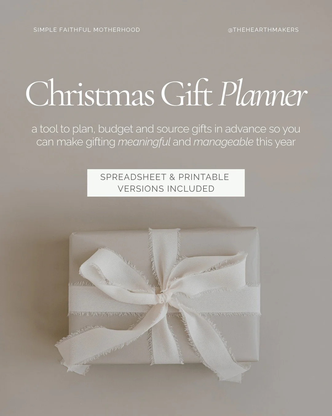 Introducing the Christmas Gift Planner: an easy-to-use tool to plan, budget and source gifts in advance so you can make gifting meaningful and manageable this year.

Your download will come with two versions included:

Digital &mdash; spreadsheet (yo