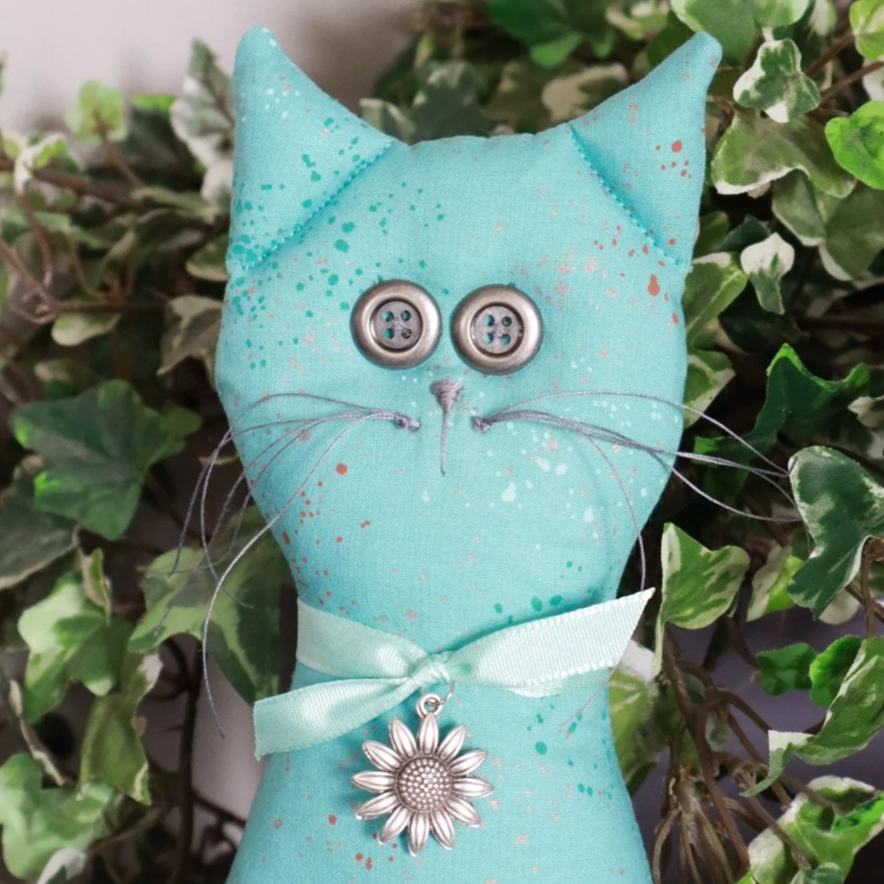 SCRAPPY CAT 10" Tall Soft-Sculpture Doll - "ROBIN" , Blue Speckled Print Cotton, Handmade