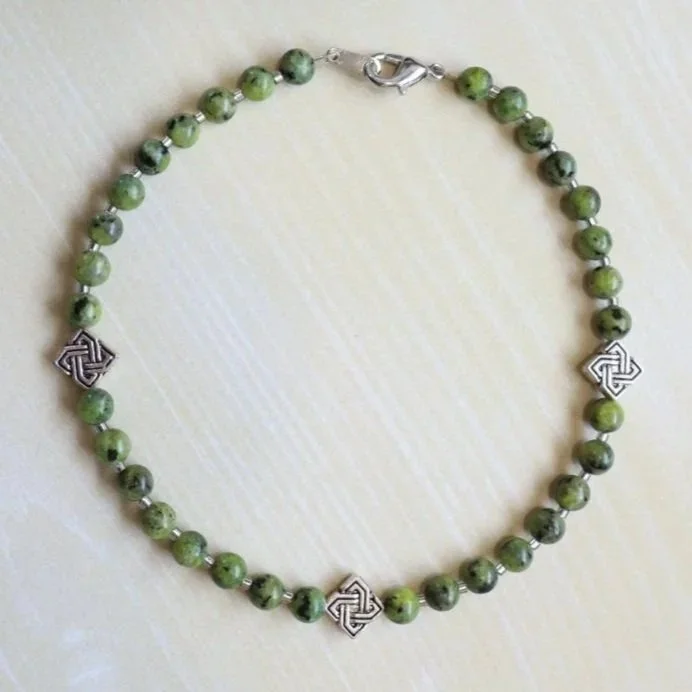 GREEN JADE CRYSTAL BEADED ANKLET - Handmade, Silver Celtic Knots, Good Luck Jewelry