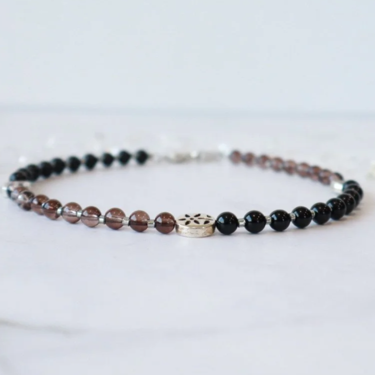 GROUNDING CRYSTAL BEADED ANKLET - Black Onyx & Smoky Quartz, Handmade Healing Jewelry