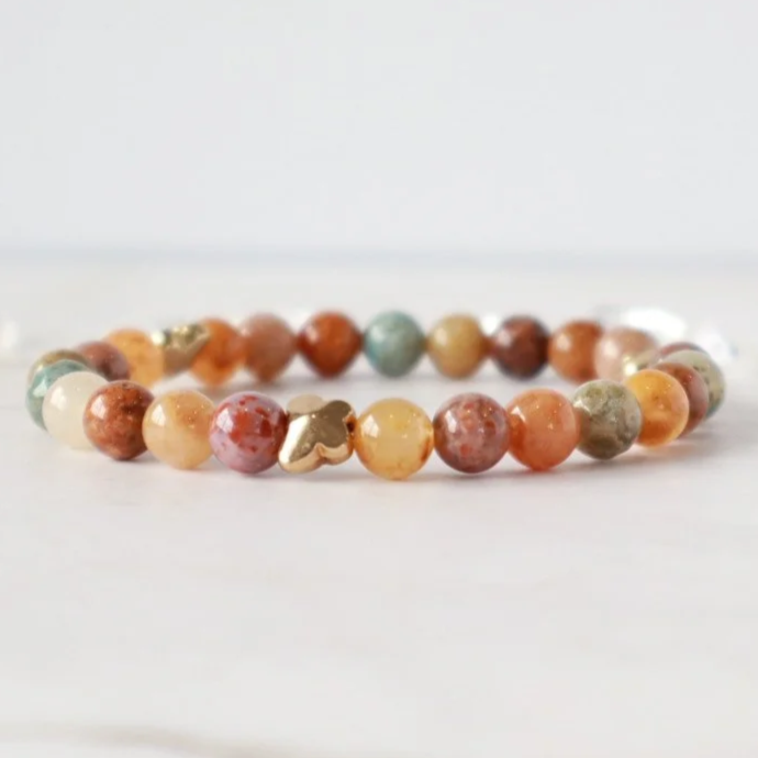 OCEAN FLOWER JASPER CRYSTAL BEADED BRACELET - Autumn Colors, Gold Butterfly Accents, Handmade