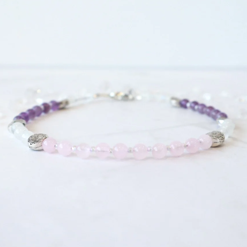 EMPATH CRYSTAL BEADED ANKLET - Rose Quartz, Amethyst, Selenite, Handmade