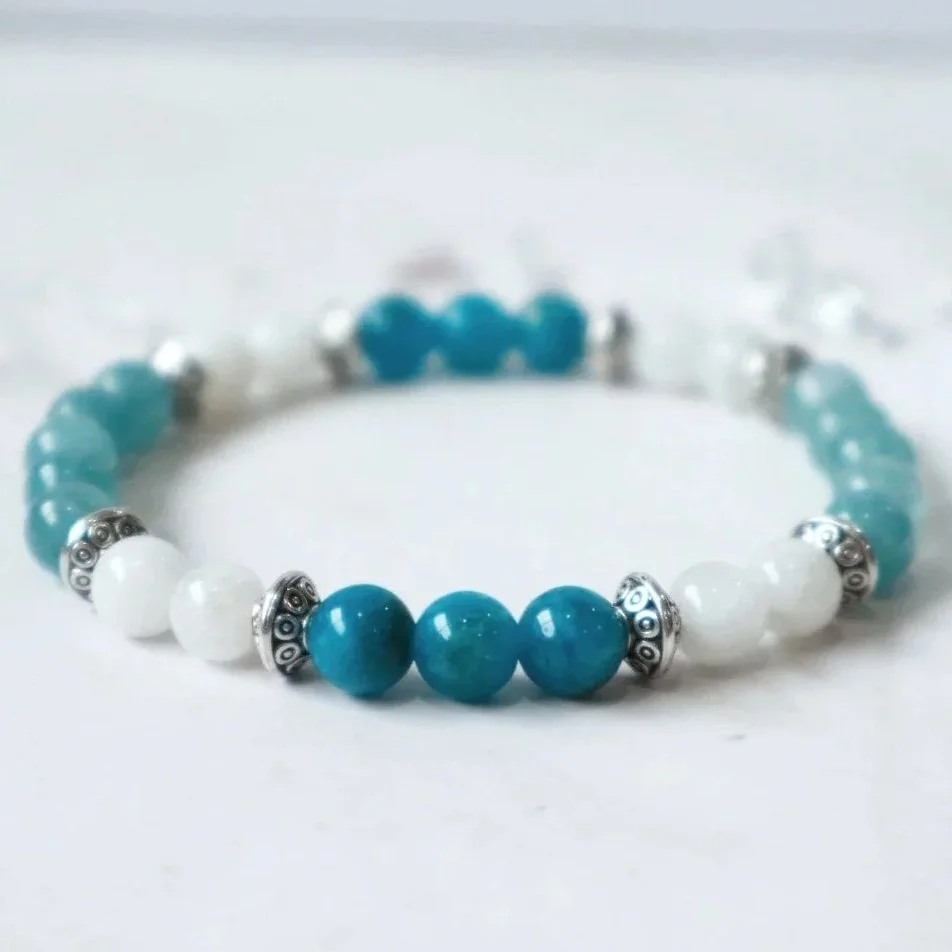 INSPIRATION CRYSTAL BEADED BRACELET - Aquamarine, Blue Apatite, Moonstone, Handmade