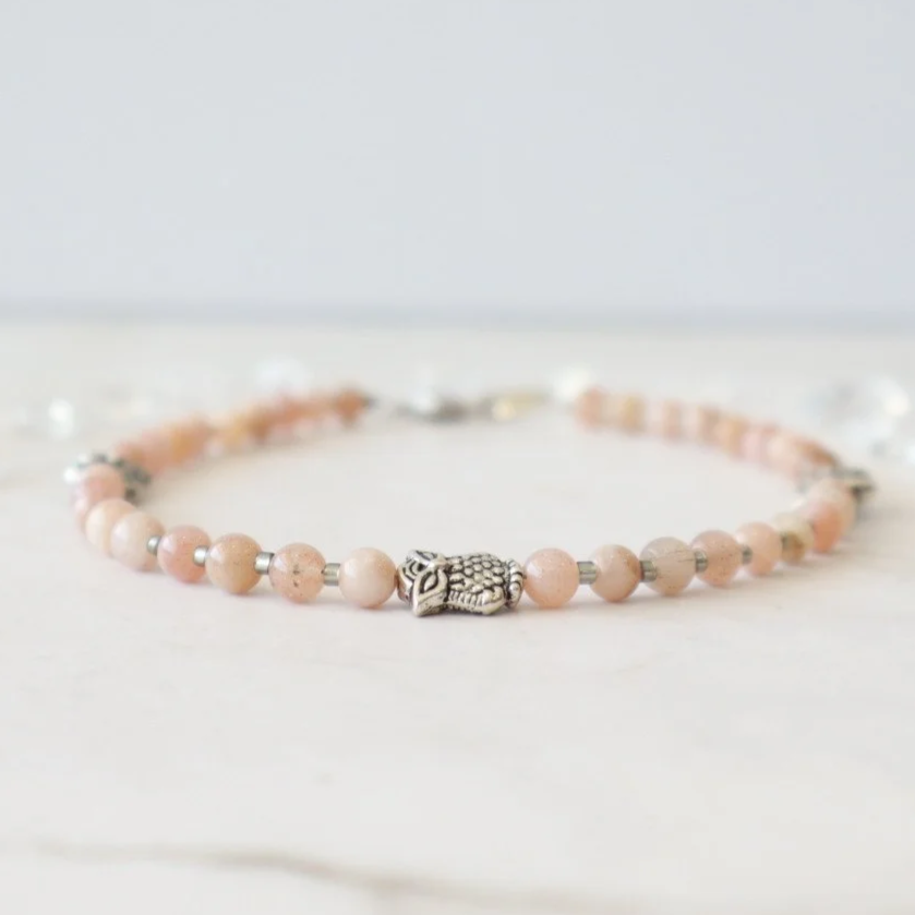 MOONSTONE CRYSTAL BEADED ANKLET - Handmade, Peach Tones, Silver Owl Accents