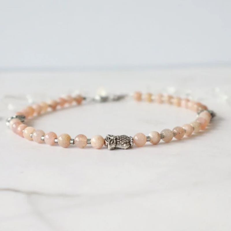 MOONSTONE CRYSTAL BEADED ANKLET - Handmade, Peach Tones, Silver Owl Accents