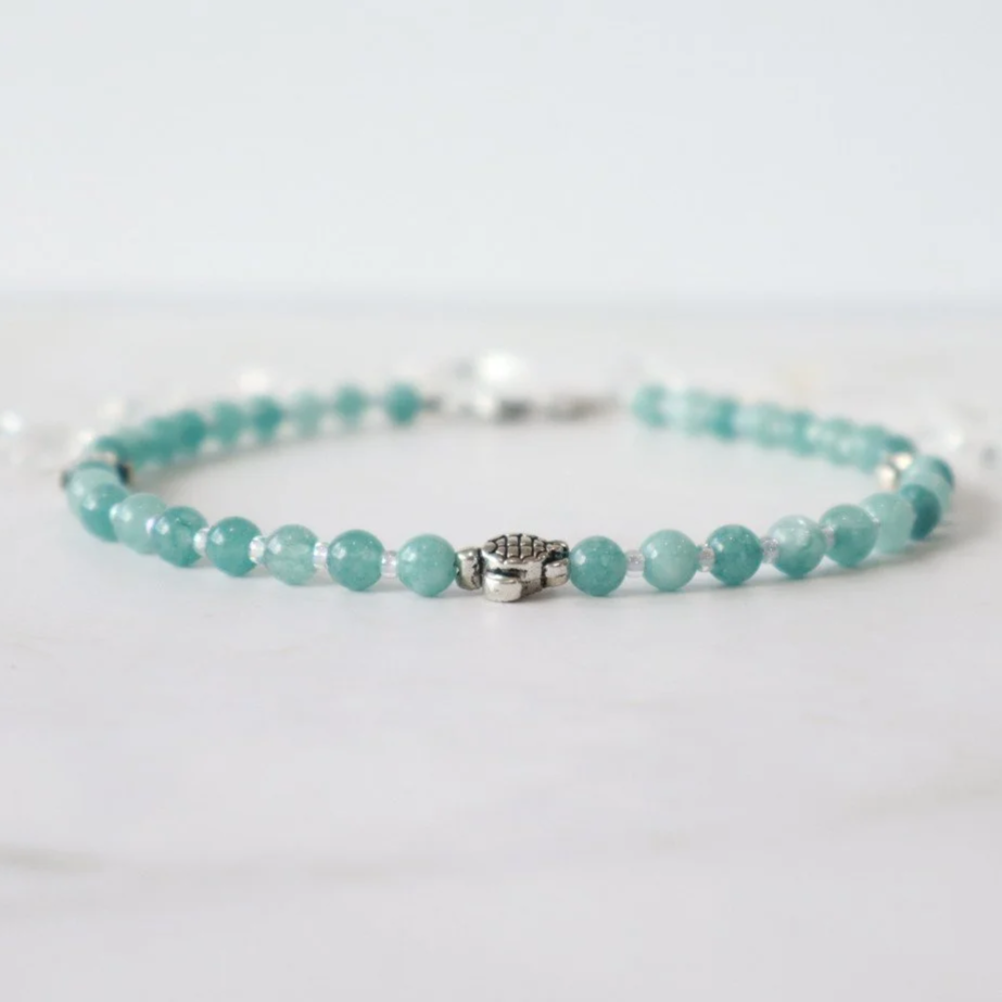 AQUAMARINE BEADED CRYSTAL ANKLET - Handmade, Boho Beachwear, Healing Jewelry