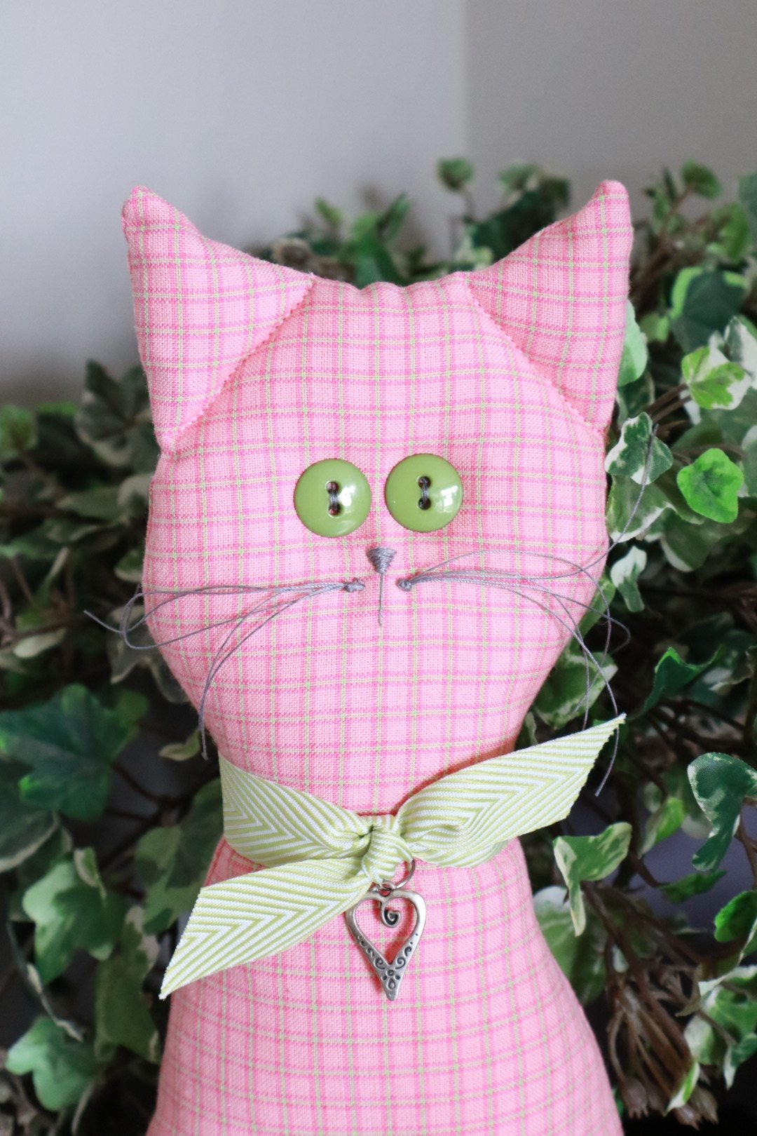 SCRAPPY CAT 12" Tall Soft-Sculpture Doll - "PETUNIA" Pink & Green Plaid Cotton, Handmade, Farmhouse Decor