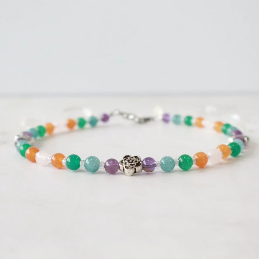 SPRING BLOSSOM CRYSTAL BEADED ANKLET - Amethyst, Aquamarine, Aventurine, Rose Quartz, Handmade