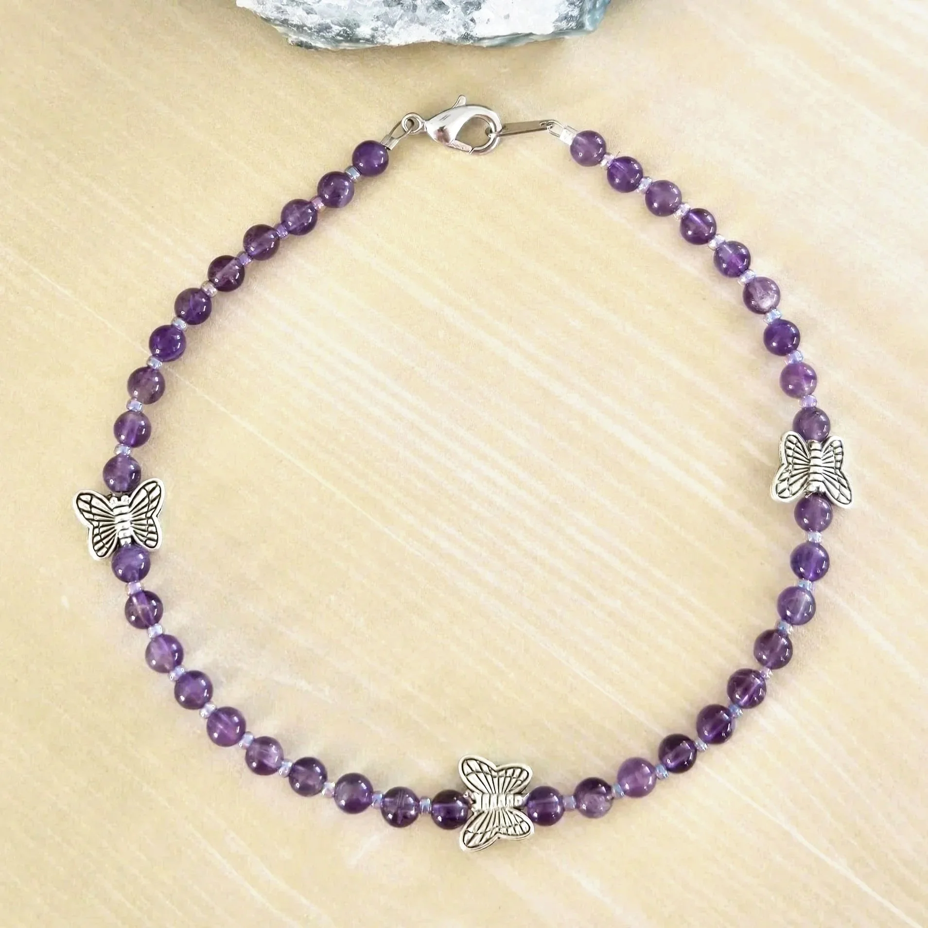 AMETHYST CRYSTAL BEADED ANKLET - Handmade, Silver Butterfly Accents, Peace Protection Wisdom