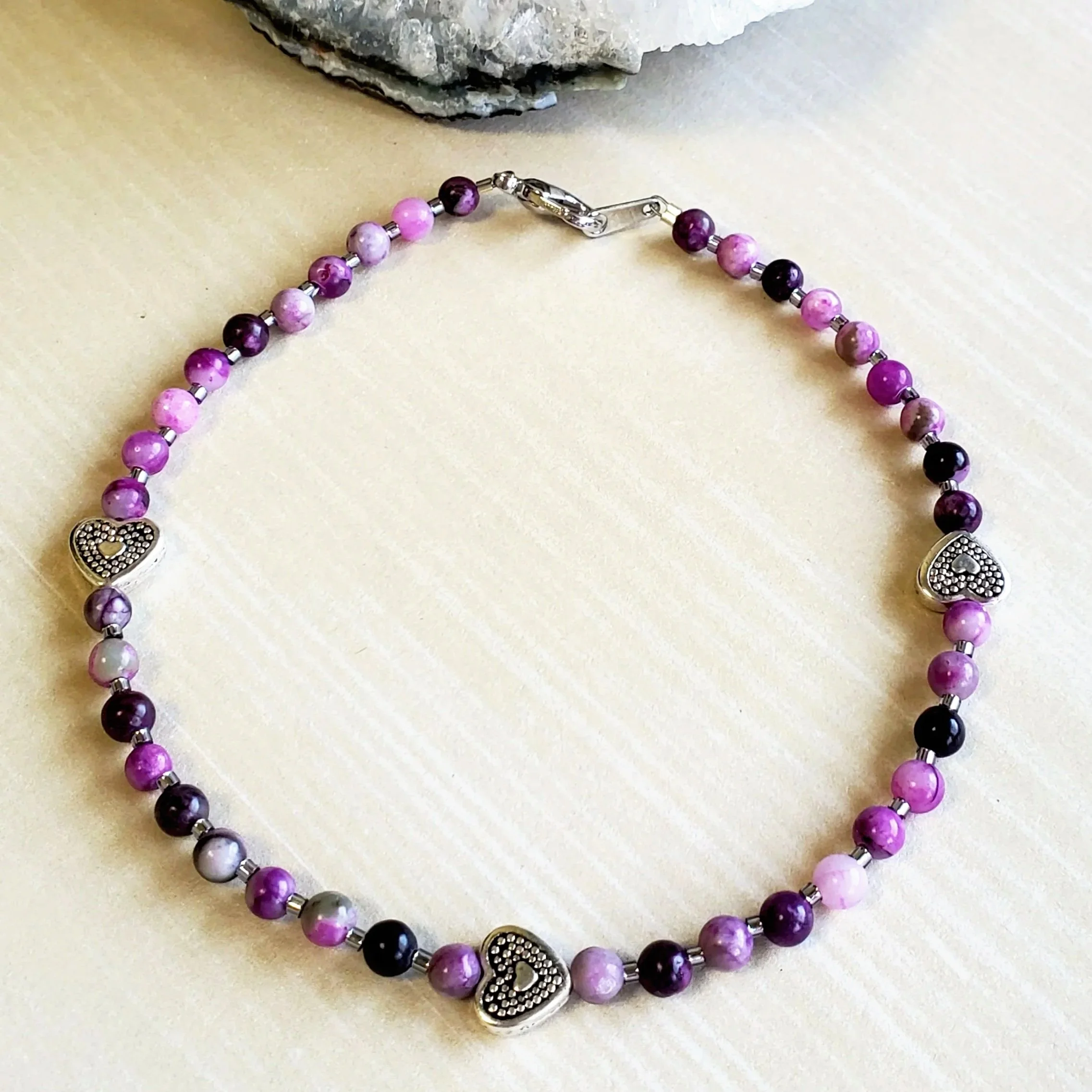 SUGILITE CRYSTAL BEADED ANKLE BRACELET - Handmade, Modern Love Jewelry