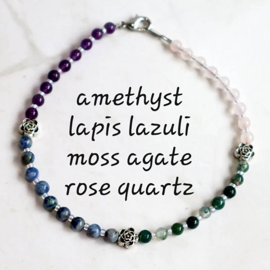 PEACEFUL BALANCE BEADED ANKLET - Amethyst, Lapis Lazuli, Moss Agate, Rose Quartz, Handmade