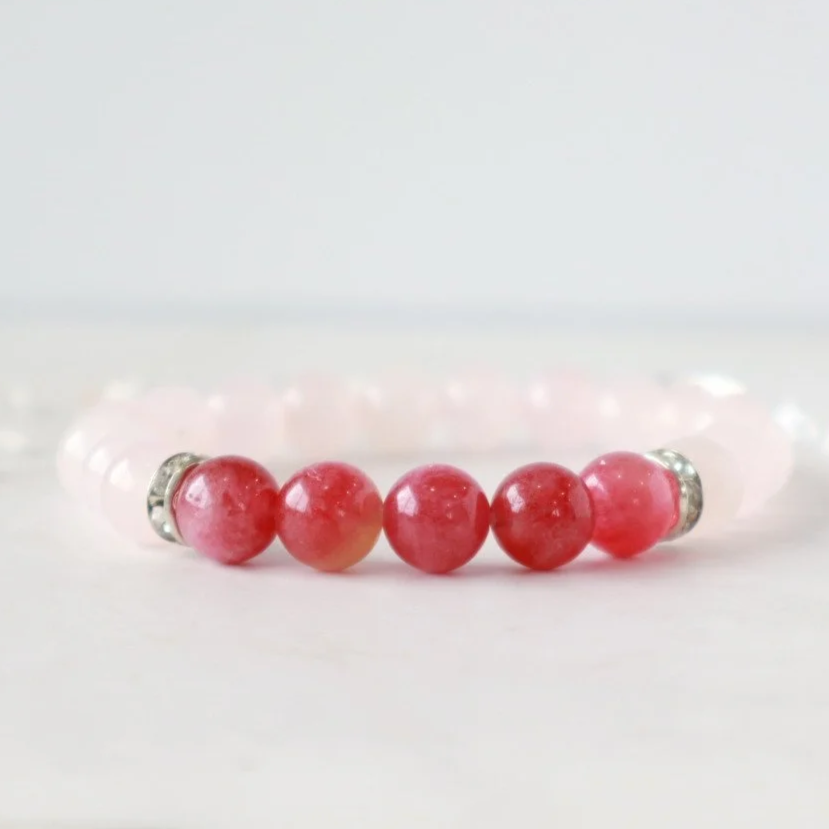 8MM EMPATH SUPPORT CRYSTAL BEADED BRACELET - Rose Quartz, Pink Tourmaline, Handmade