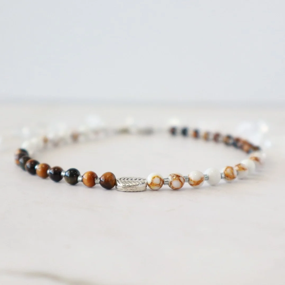 GROUNDING CRYSTAL BEADED ANKLET - Tiger Eye & Howlite, Silver Accents, Handmade