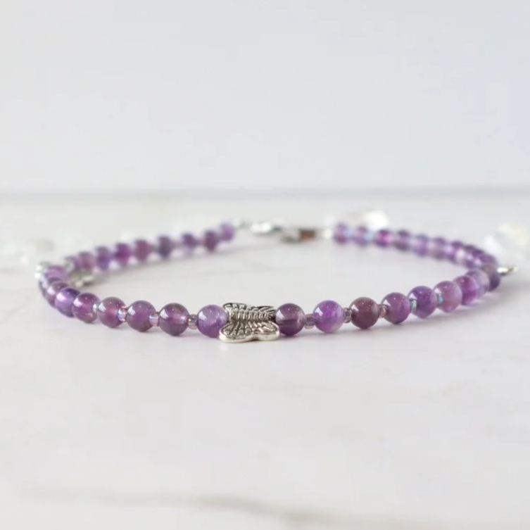 AMETHYST CRYSTAL BEADED ANKLET - Handmade, Silver Butterfly Accents, Peace Protection Wisdom