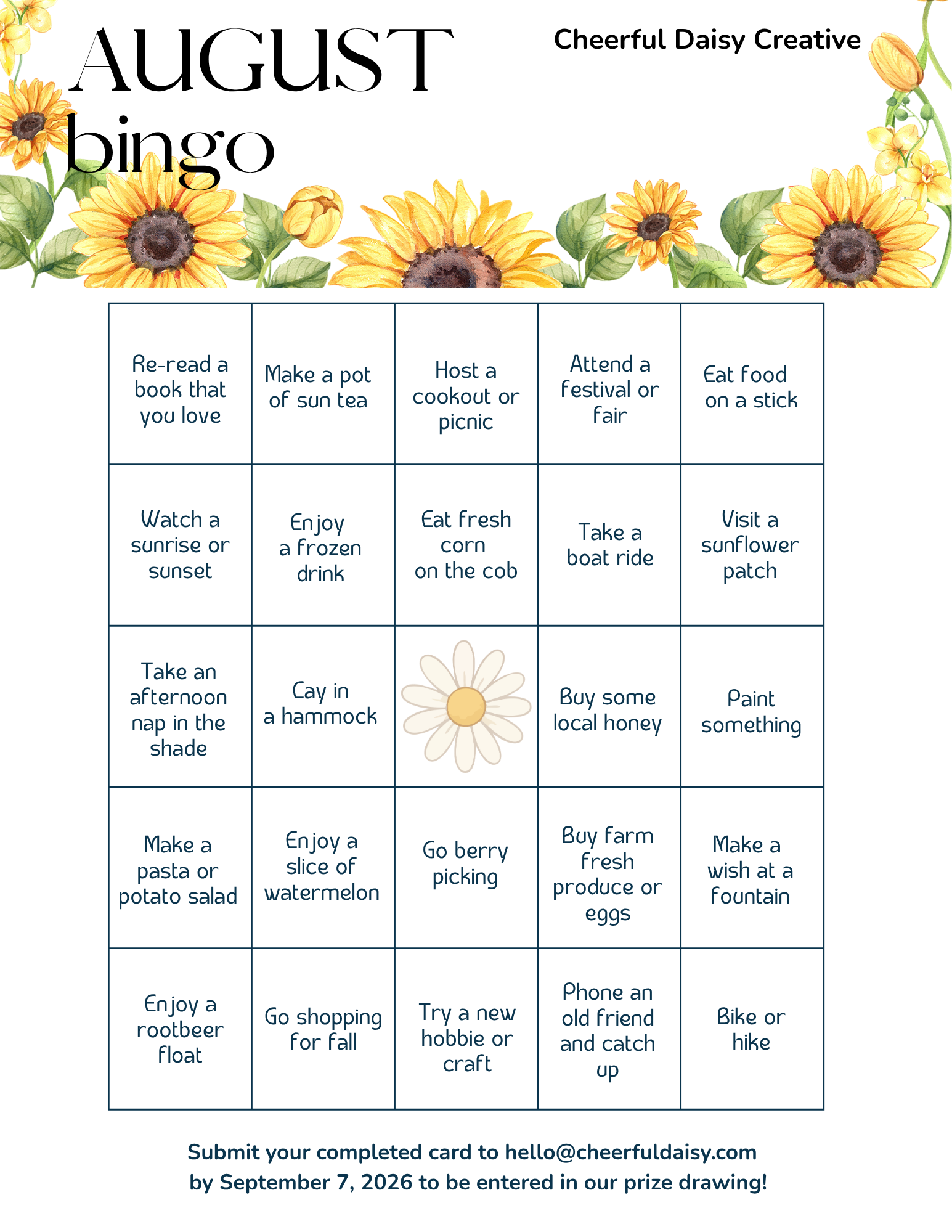 BINGO card filled with fun summertime activities.