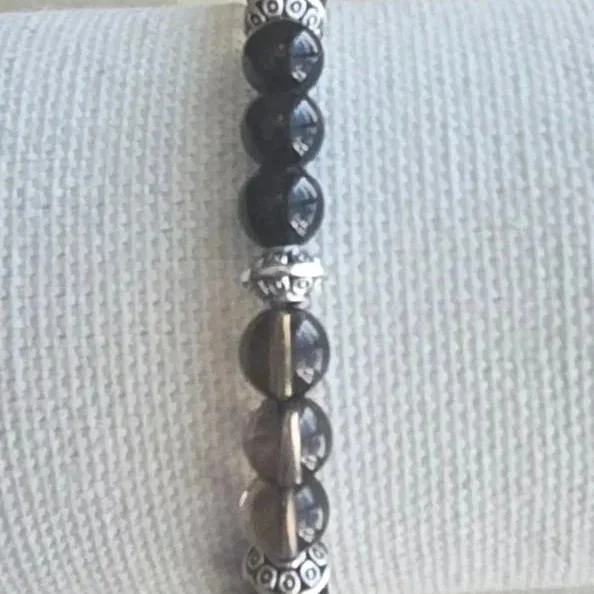 Black onyx and Smoky quartz crystal beaded bracelet