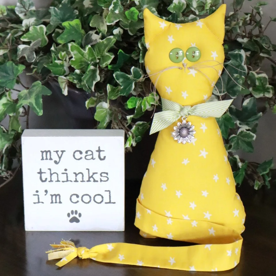 SCRAPPY CAT 10" Tall Soft-Sculpture Doll - "LEMON" Bright Yellow with White Stars Cotton Print