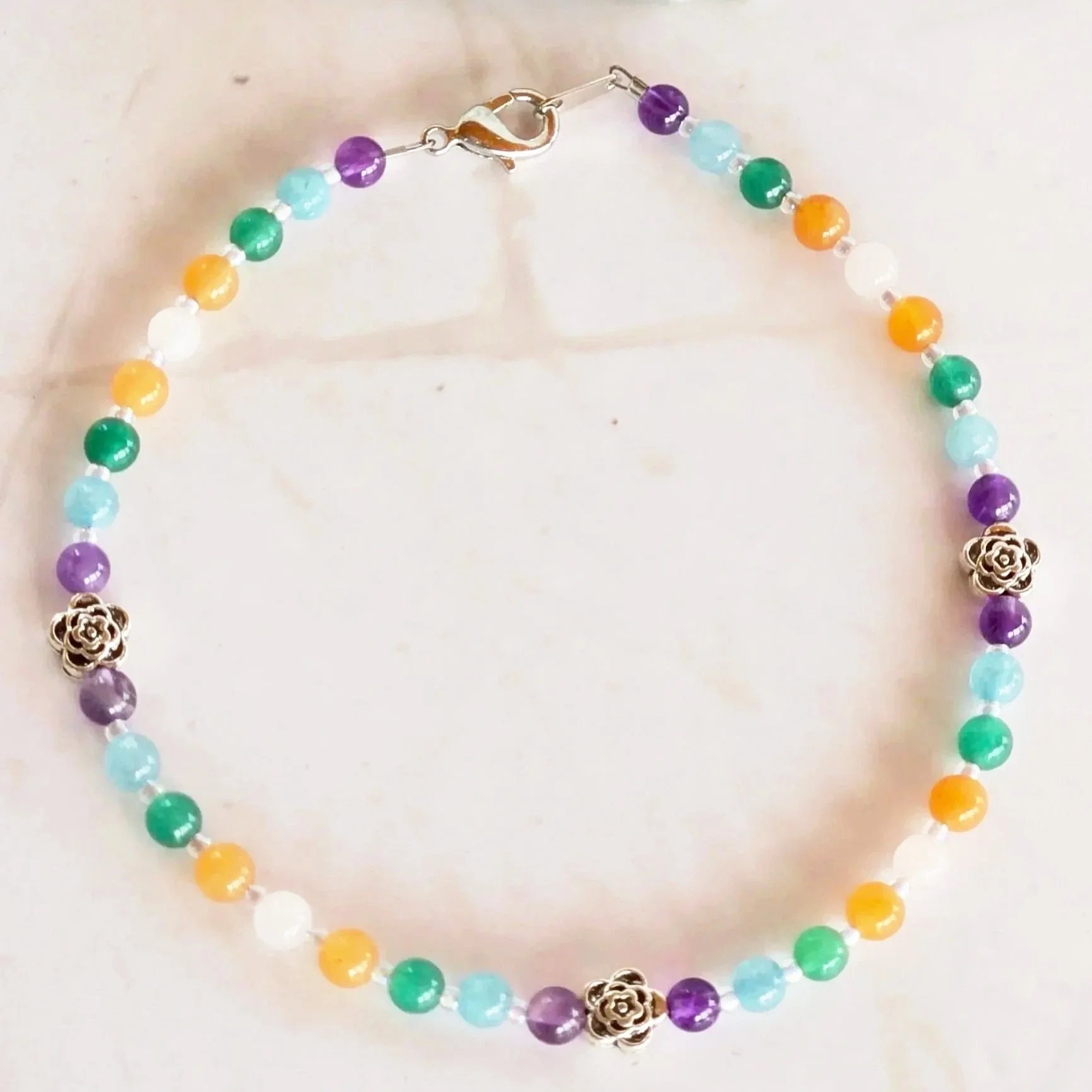 SPRING BLOSSOM CRYSTAL BEADED ANKLET - Amethyst, Aquamarine, Aventurine, Rose Quartz, Handmade