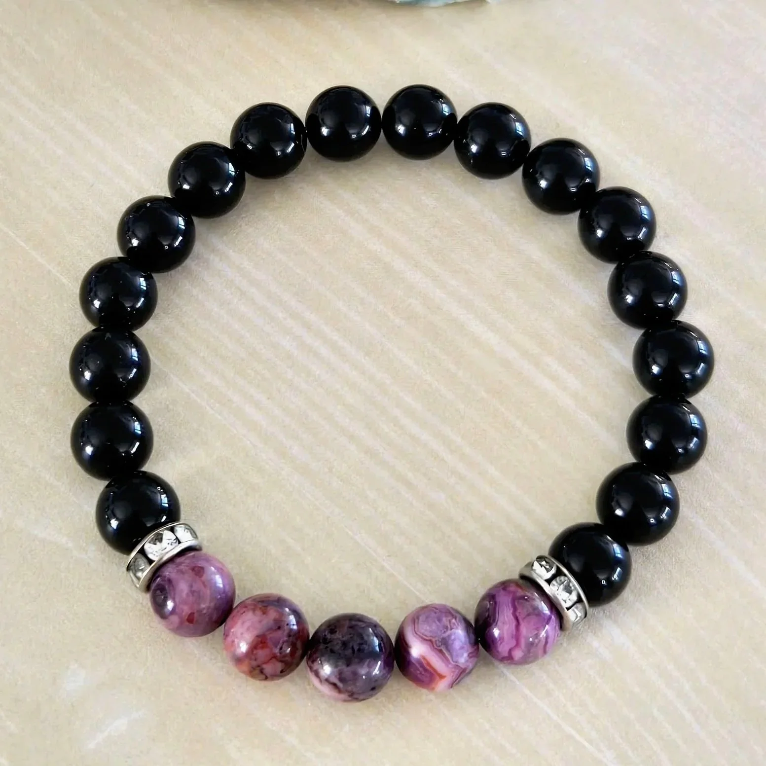 8MM GROUNDING CRYSTAL BEADED BRACELET - Black Onyx, Purple Crazy Lace Agate, Handmade