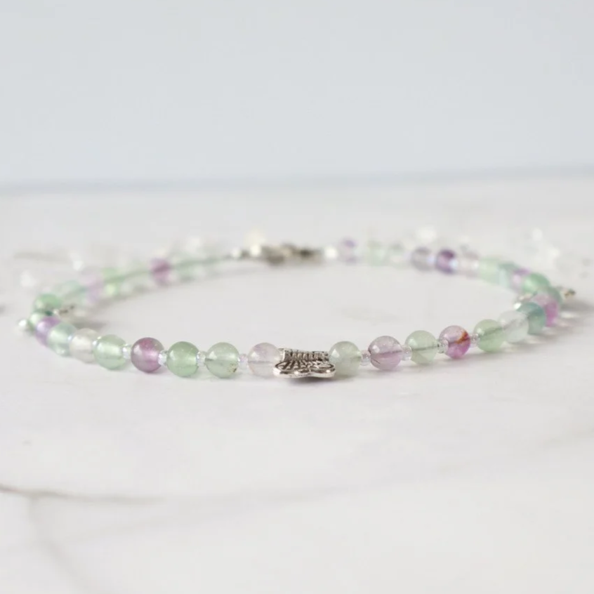 RAINBOW FLUORITE CRYSTAL BEADED ANKLET - Handmade, Colorful, Silver Butterfly Accents