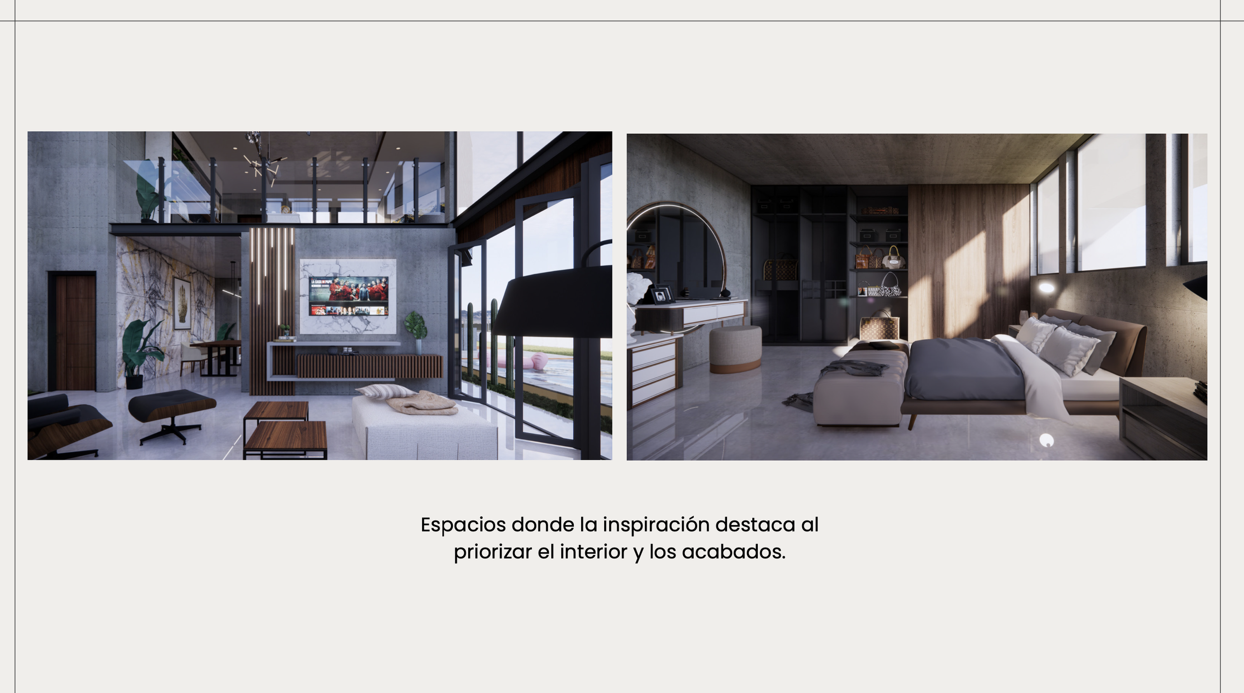 Oficina moderna y habitación con decoración minimalista, con grandes ventanas y espacio abierto, destacando la inspiración en el diseño interior y acabados elegantes.