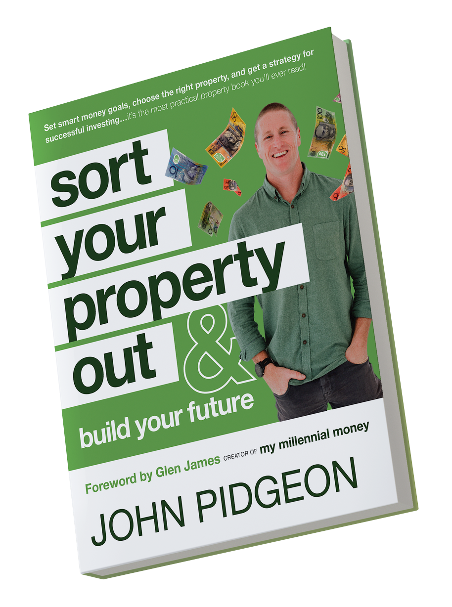 Sort Your Property Out book by John Pidgeon, green background with John Pidgeon posing and smiling at the camera with his hands in his pockets
