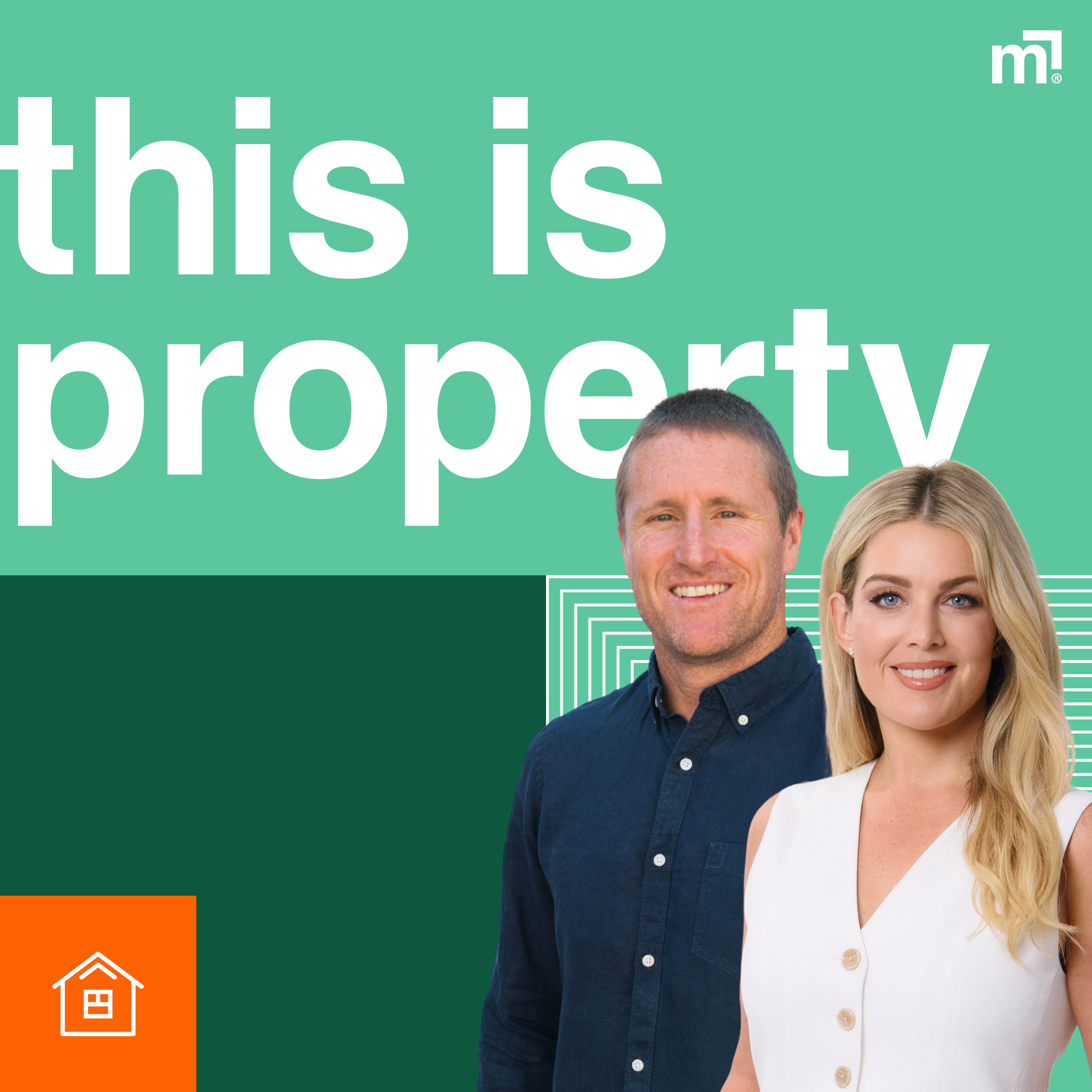 Part of a promotional poster showing a man and a woman smiling, with a green background and white text that reads 'this is property.' There is a section with an orange background and a white house icon.